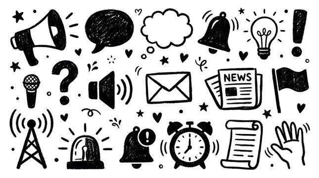 Collection of hand-drawn communication and information icons in a playful, textured black and white doodle style on a clean background