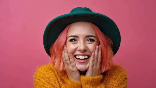 Young woman with pink hair showing a shocked expression on a pink background