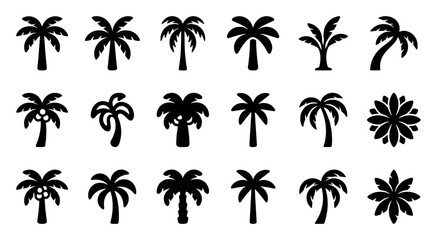 Obraz premium Diverse black silhouette palm tree icons are arranged in a grid pattern on a clean white background, showcasing various tropical plant shapes