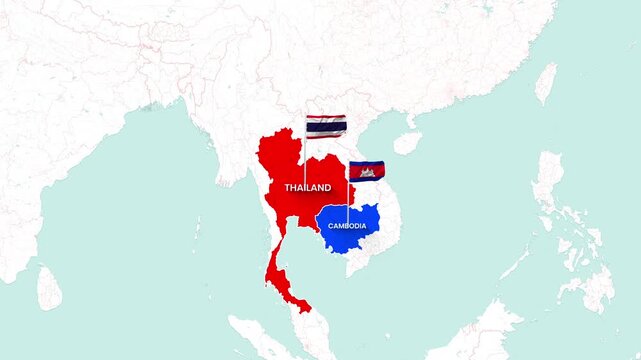 Animated map graphic showcasing Thailand and Cambodia borders with national flags waving video clip