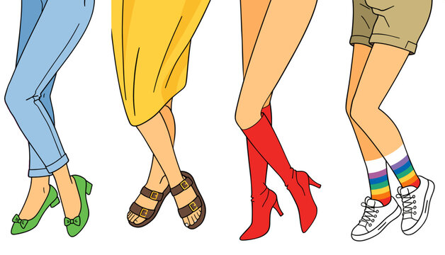 Four stylish female legs wearing green flat sandals, brown strappy sandals and red knee-high boots with varied outfits including jeans and yellow dress. Colorful fashion vector set.