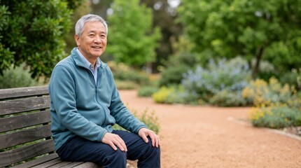 Obraz premium Smiling Asian senior man sitting on a wooden bench in a park. Happy elderly male relaxing outdoors in a garden. Active retirement lifestyle