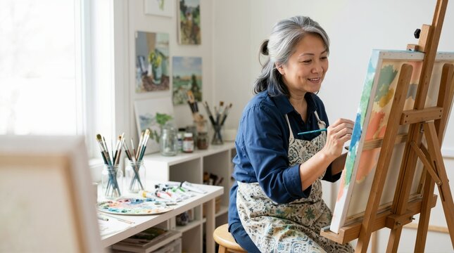 Retired Asian woman painting on canvas in her art studio. Smiling senior female artist using a paintbrush at a wooden easel. Creative hobby and retirement lifestyle concept