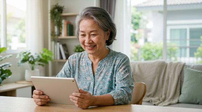 Asian senior woman using a tablet computer at home. Happy elderly female on a video call or telemedicine consultation. Technology for seniors concept