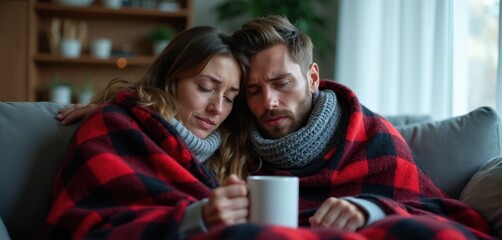 Fototapeta premium Sick couple share warm blanket on sofa. Woman rests head on man shoulder, both unwell. Holding mug of hot drink, feeling down, comfort together, watching film.