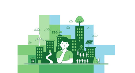 Fototapeta premium Future City Concept: Person Thinking About ESG, Sustainability, Green Energy