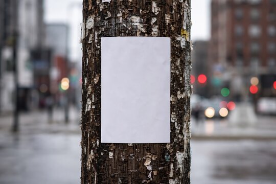 Blank White Poster Mockup on Weathered Wooden Utility Pole in Urban City Street for Realistic Event Flyer or Missing Person Template