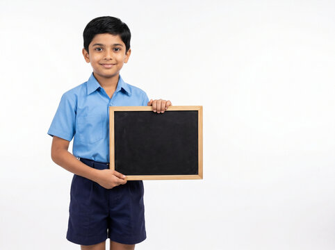 indian school boy holding blank slate board isolated on white background for primary education literacy campaigns school admissions and childhood learning programs