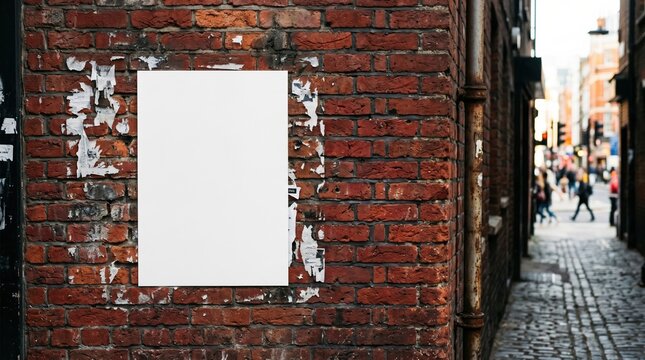 Blank vertical poster mockup on weathered red brick wall with torn paper remnants in urban alley for street advertising and design display