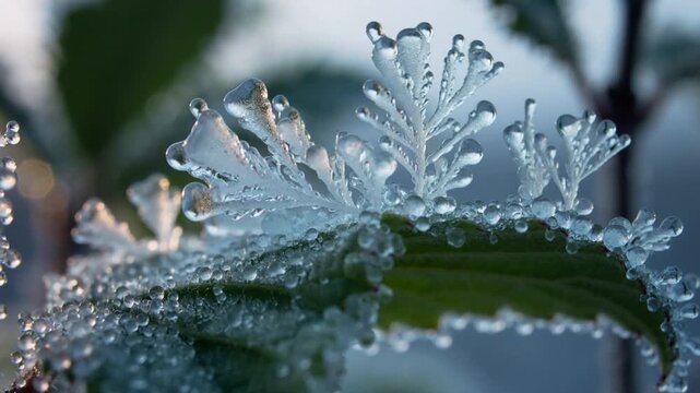 Macro of frost and dew drops on a green leaf at sunrise