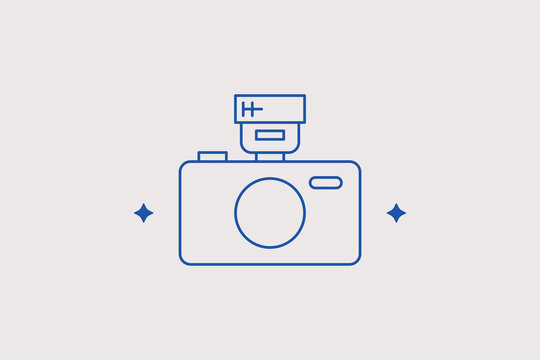 Digital photo camera with attached hot shoe flash line icon for professional reporter press journalism, studio event photography gear. Powerful vector illustration for media coverage.