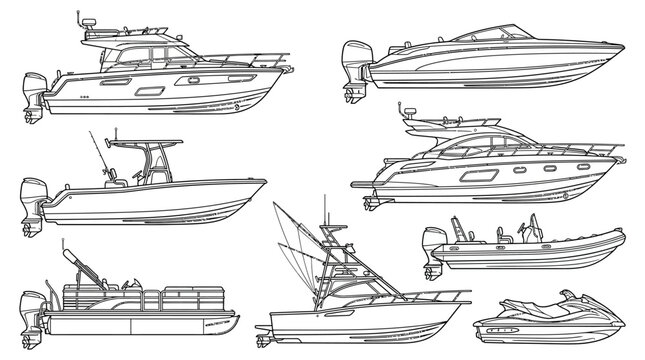 Collection of various types of motorboats and watercraft including speedboats and yachts