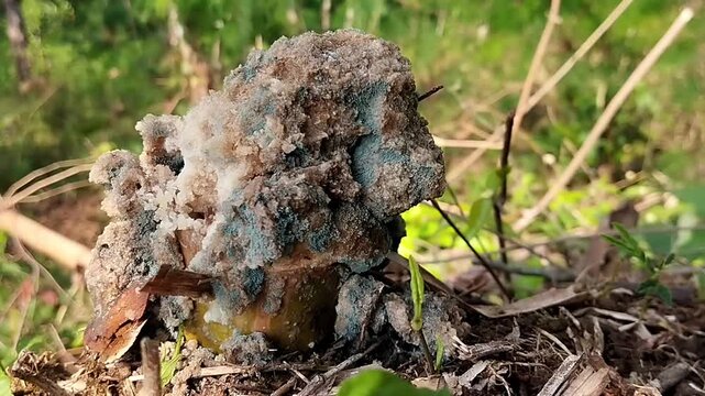 Medium shot of static decomposed plant material and dark mold with a textured surface against a green background.
