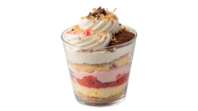 Glass jar cup filled with sweet fruit berry yogurt parfait isolated on transparent background cut out
