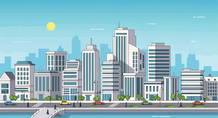 Obraz premium A serene cityscape with modern buildings and a calm waterfront