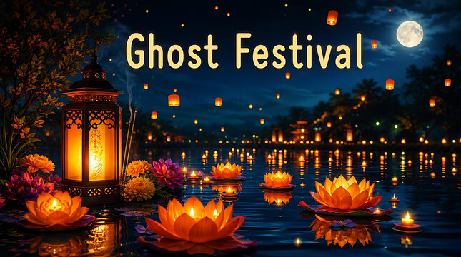 Floating lotus lanterns during ghost festival at night