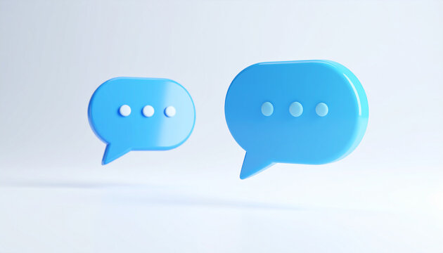 3D blue notification message pop-up speech bubble floating on white background, social media and messaging concept, minimal UI style, modern digital communication aesthetic. Close-up.