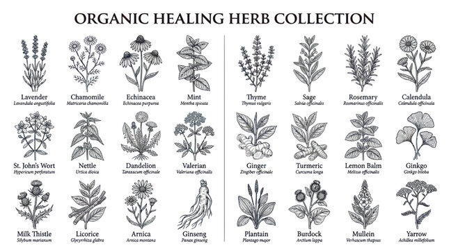 Organic healing herb collection with vintage botanical sketches