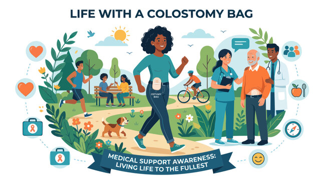 People living active lives with a colostomy bag and medical support