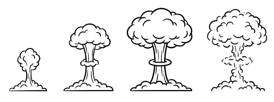 Line art outline mushroom cloud vector sequence showing nuclear explosion blast stages for apocalypse and military destruction coloring book