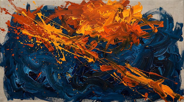 Vibrant abstract painting with orange and blue brushstrokes on canvas background