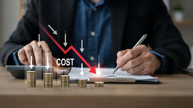 Businessman analyzing cost decrease on graph with coins on desk