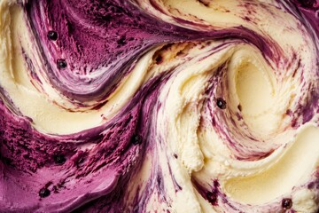 Obraz premium Close up of vanilla ice cream with blueberry swirl. Cold dairy dessert texture with fruit ripple. Refreshing summer treat and gourmet food background for menu design and culinary concept.