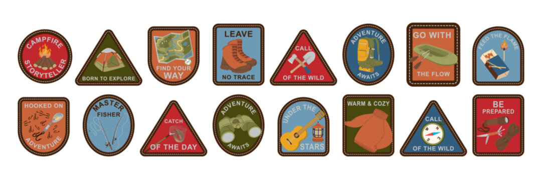 Big vector collection of colorful camping badges and wilderness survival emblems with text quotes for outdoor retro merchandise. Vector illustration