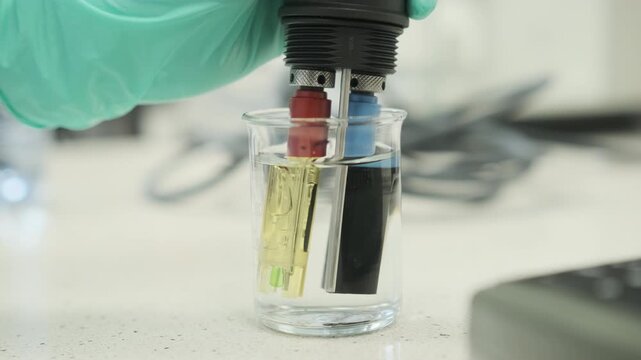 Laboratory footage of electrodes being immersed into water samples for water quality analysis. Scientific measurement of pH and conductivity in environmental chemistry research, analytical laboratory