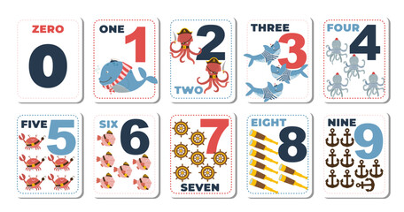 Fototapeta premium Educational vector kids worksheets set for learning numbers from zero to nine featuring cute marine characters and nautical objects. Vector illustration