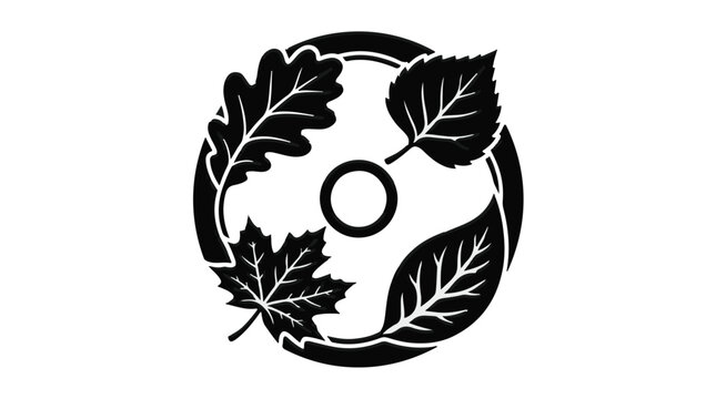 Circular emblem with diverse autumn leaves representing seasons and nature.