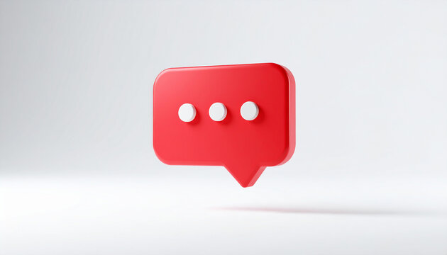 3D red notification message pop-up speech bubble floating on white background, social media and messaging concept, minimal UI style, modern digital communication aesthetic. Close-up.