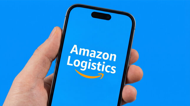 Male hand holding a modern smartphone with the Amazon Logistics brand and smile logo on the screen against a solid blue background. E-commerce delivery service tracking and courier app interface.