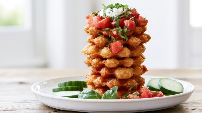 tall stack of savory golden potato waffles topped with fresh diced tomatoes and creamy sour cream