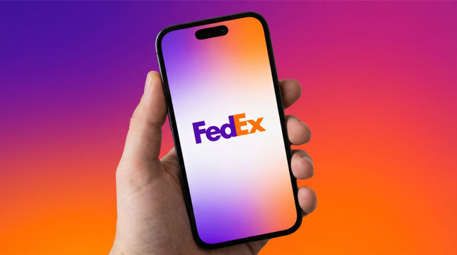 Close-up of a hand holding a modern smartphone with FedEx shipping and courier app on the screen. Vibrant purple and orange gradient background. Professional mobile application interface mockup.