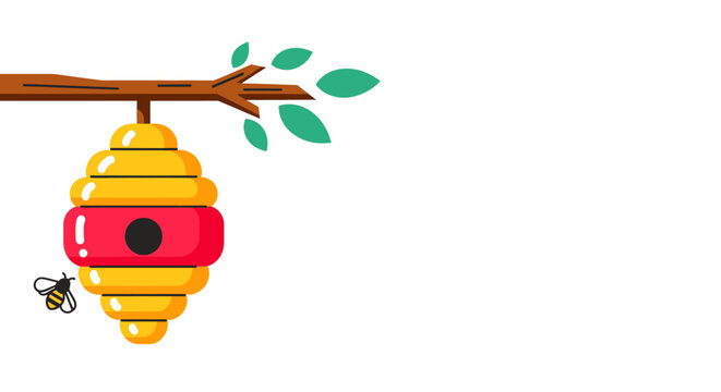 A cartoon illustration of a yellow beehive with a red band hanging from a brown tree branch with green leaves, with a single bee flying nearby.