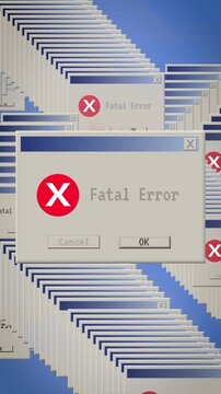 Nostalgic vertical cascade of retro 90s Windows error dialog boxes with red X icons stacked across blue screen. Perfect for comedy content, tech satire, Y2K aesthetic projects digital art storytelling