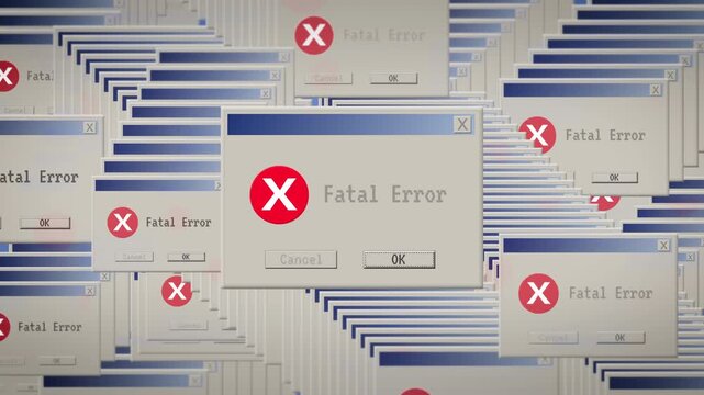 Horizontal retro computer error windows cascade with classic 90s Microsoft blue screen aesthetic and comedic visual chaos. Ideal for tech-themed videos, nostalgic meme content digital storytelling