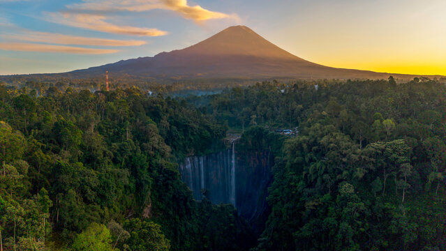 Amazing aerial view Tumpak Sewu waterfall in the morning on Java island, Indonesia.