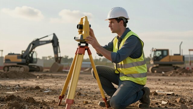 A geotechnical engineer in a yellow safety vest and hard hat operates a surveying instrument on a tripod at a construction site, with excavators in the background.