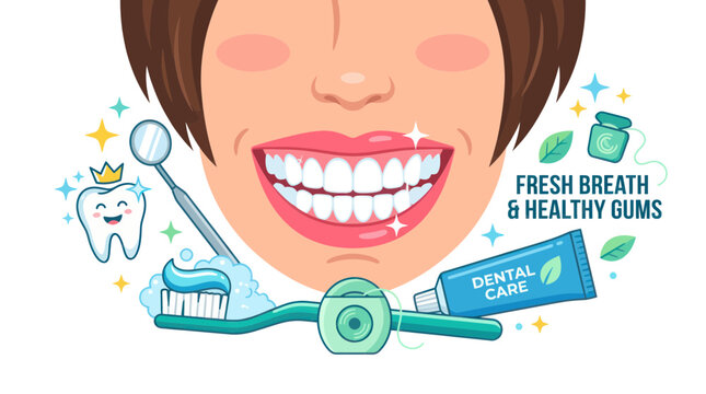 Healthy smile with dental care tools and fresh breath elements
