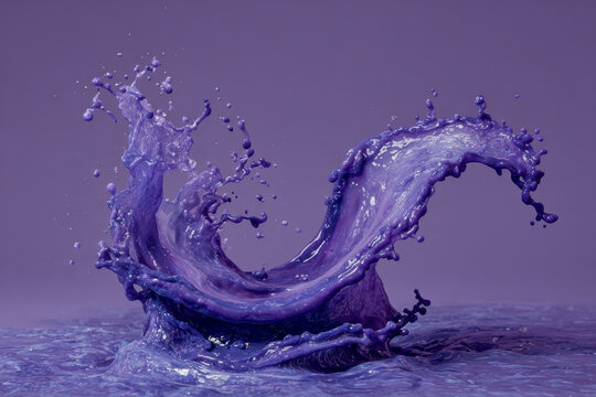 Purple liquid splash creating dynamic wave shapes against a solid purple background, showcasing intricate water droplets and textures in a visually striking composition