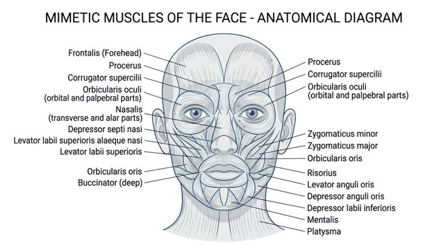 Anatomical diagram of human facial mimetic muscles with labels