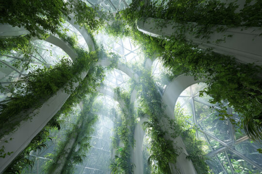 Futuristic bio-dome interior featuring a vertical garden wall, sunlight filtering through glass panels, creating intricate light patterns on the smooth floor