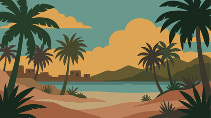 Obraz premium Lush green palm trees frame a serene desert oasis with distant buildings and mountains under a warm sky