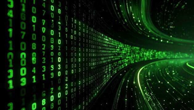 Green digital code flowing through a tunnel, light trails