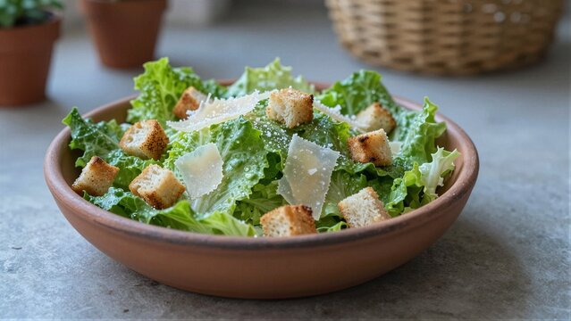 Fresh Caesar salad in a clay bowl with romaine lettuce, croutons, and Parmesan cheese. Soft focus background.
