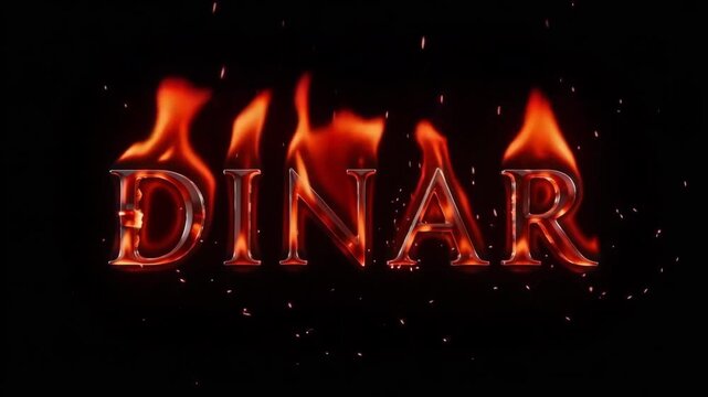 Dinar word written in glowing metallic letters engulfed in intense flames with rising smoke and flying embers captured in this high quality 3d motion animation graphic design element suitable for fina
