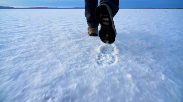 Low-angle close-up of winter boots walking across frozen lake