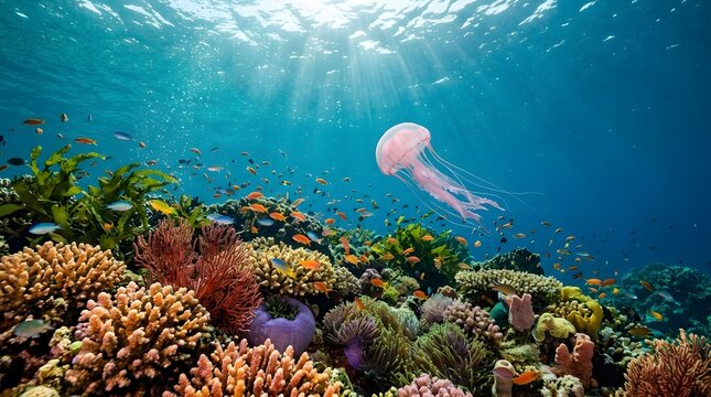 Pink jellyfish floating above a vibrant coral reef in clear water